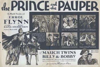 The Prince and the Pauper: A new addition to a poor London family, Tom Canty (Billy Mauch) enters the world on the same day as the child who's in line to be king. As boys, Tom and his royal counterpart bump into one another, and after realizing that they're virtual twins, they swap outfits and the boys end up trading homes. Tom soon draws the ire of a scheming royal aide (Claude Rains), but palace hanger-on Miles Hendon (Errol Flynn) comes to his defense, as both boys try to reclaim their identities. (1937)